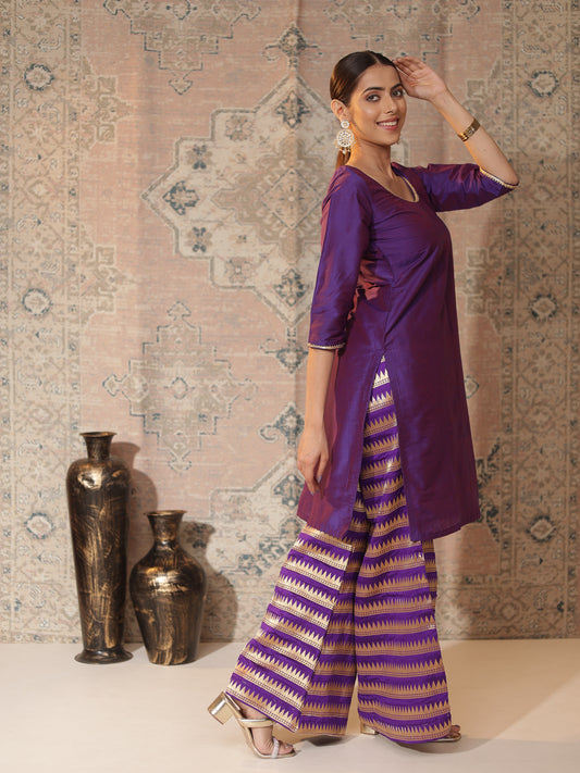 Dual-Shade Purple Cotton-Silk Kurta & Banarasi Chanderi Palazzo Set | Gota Patti Trim, Copper-Zari Pants