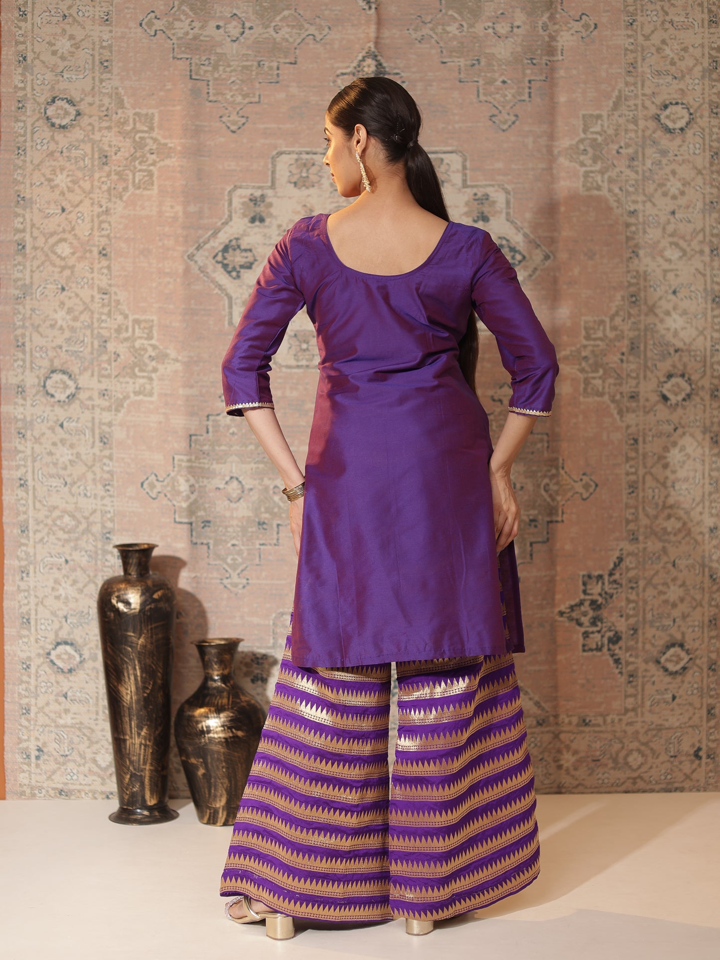 Dual-Shade Purple Cotton-Silk Kurta & Banarasi Chanderi Palazzo Set | Gota Patti Trim, Copper-Zari Pants
