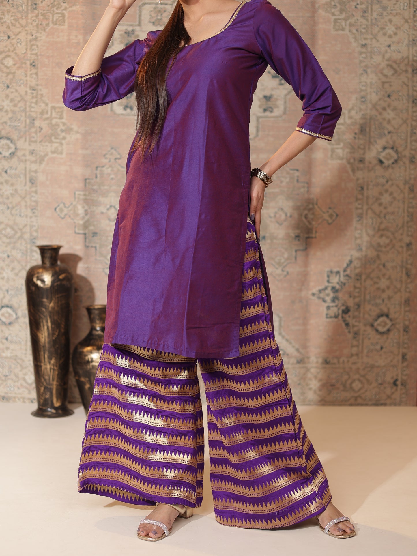 Dual-Shade Purple Cotton-Silk Kurta & Banarasi Chanderi Palazzo Set | Gota Patti Trim, Copper-Zari Pants