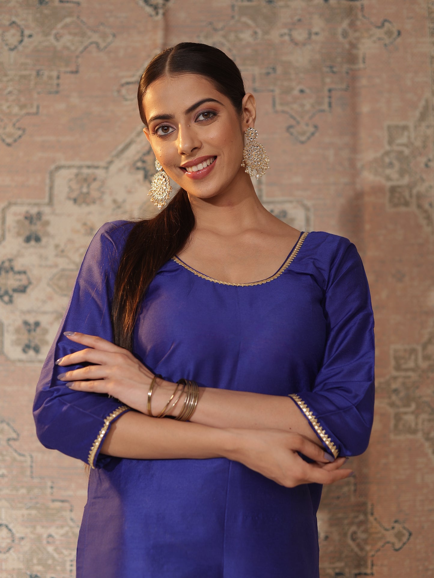 Royal-Blue Cotton-Silk Kurta & Banarasi Chanderi Palazzo Set | Copper-Zari Stripes + Gota Patti Trim
