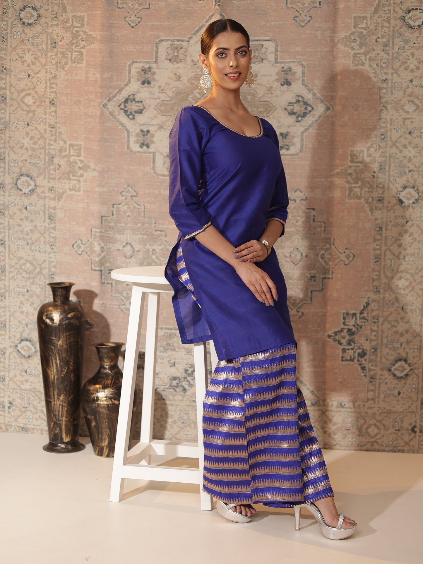 Royal-Blue Cotton-Silk Kurta & Banarasi Chanderi Palazzo Set | Copper-Zari Stripes + Gota Patti Trim