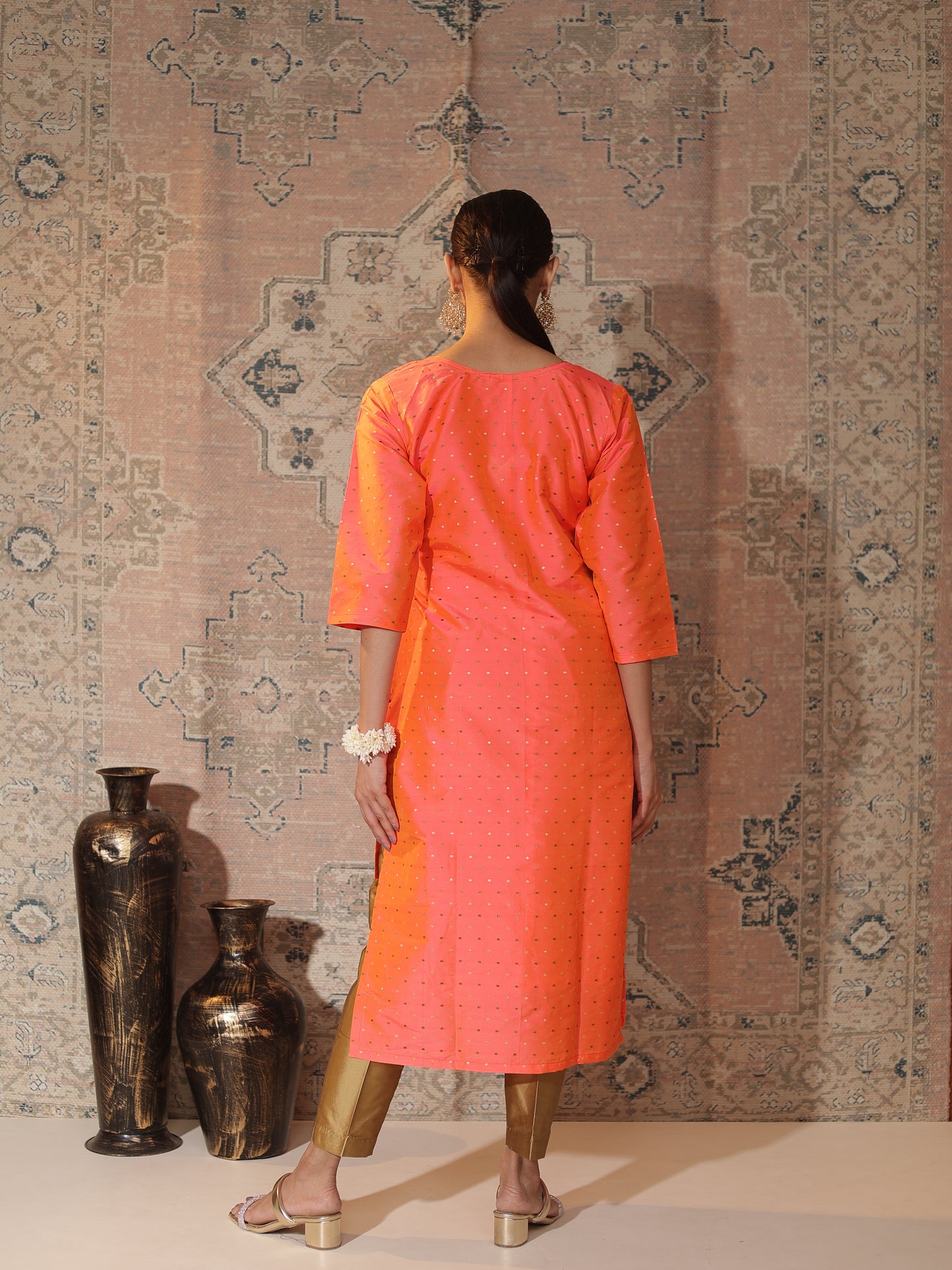 Peach-Orange Satin-Silk Butti Kurta for Women | V-Neck, 3/4-Sleeve, Calf-Length Festive & Office Wear