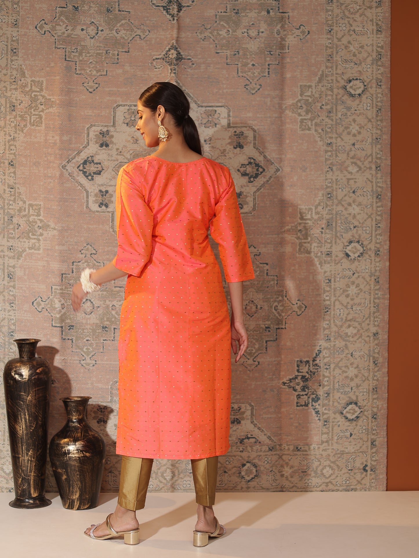 Peach-Orange Satin-Silk Butti Kurta for Women | V-Neck, 3/4-Sleeve, Calf-Length Festive & Office Wear