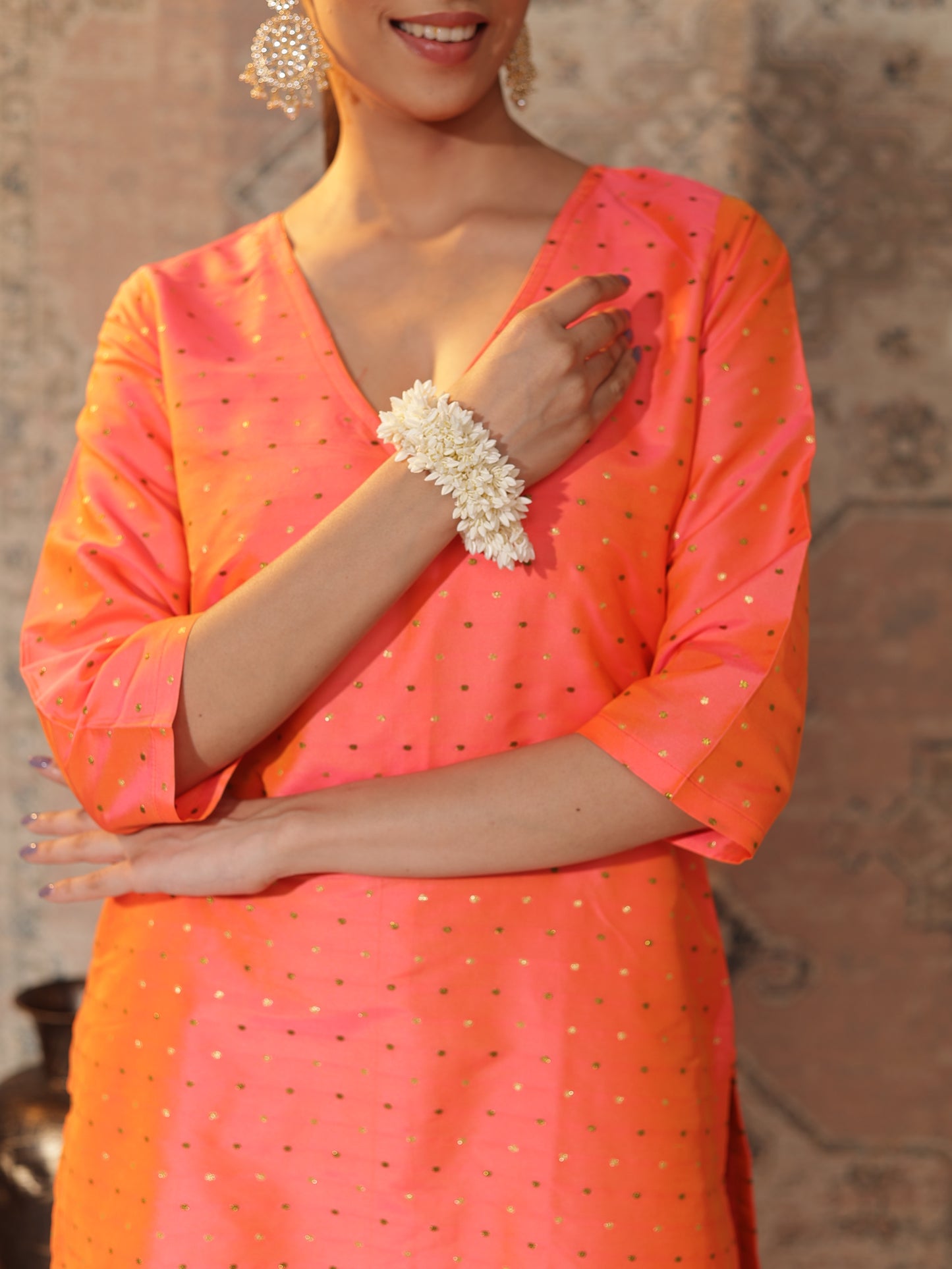 Peach-Orange Satin-Silk Butti Kurta for Women | V-Neck, 3/4-Sleeve, Calf-Length Festive & Office Wear