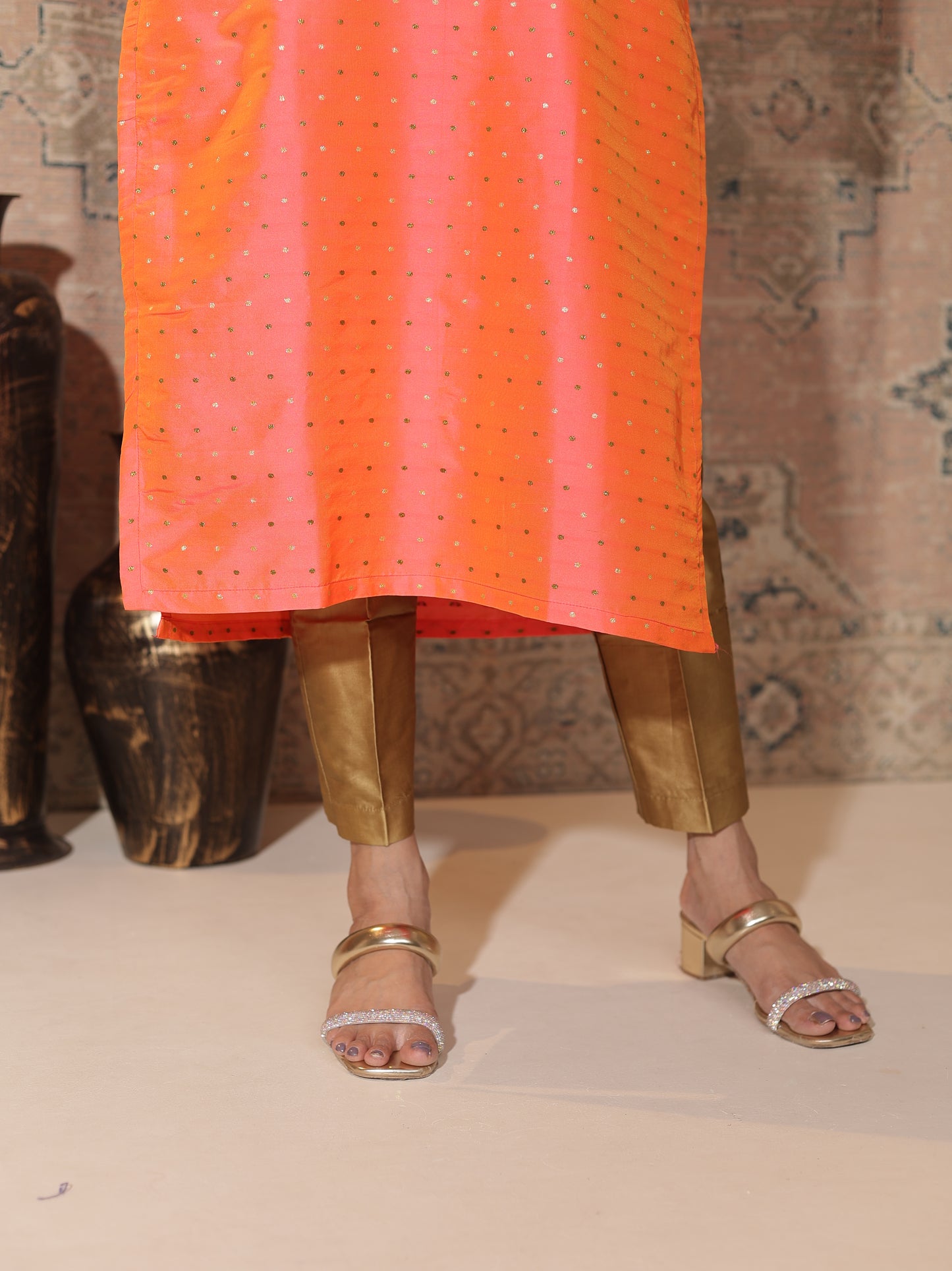 Peach-Orange Satin-Silk Butti Kurta for Women | V-Neck, 3/4-Sleeve, Calf-Length Festive & Office Wear