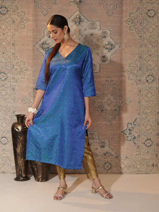 Midnight-Blue Satin-Silk Butti Work Straight Kurta for Women | V-Neck, 3/4-Sleeve Festive & Office Wear