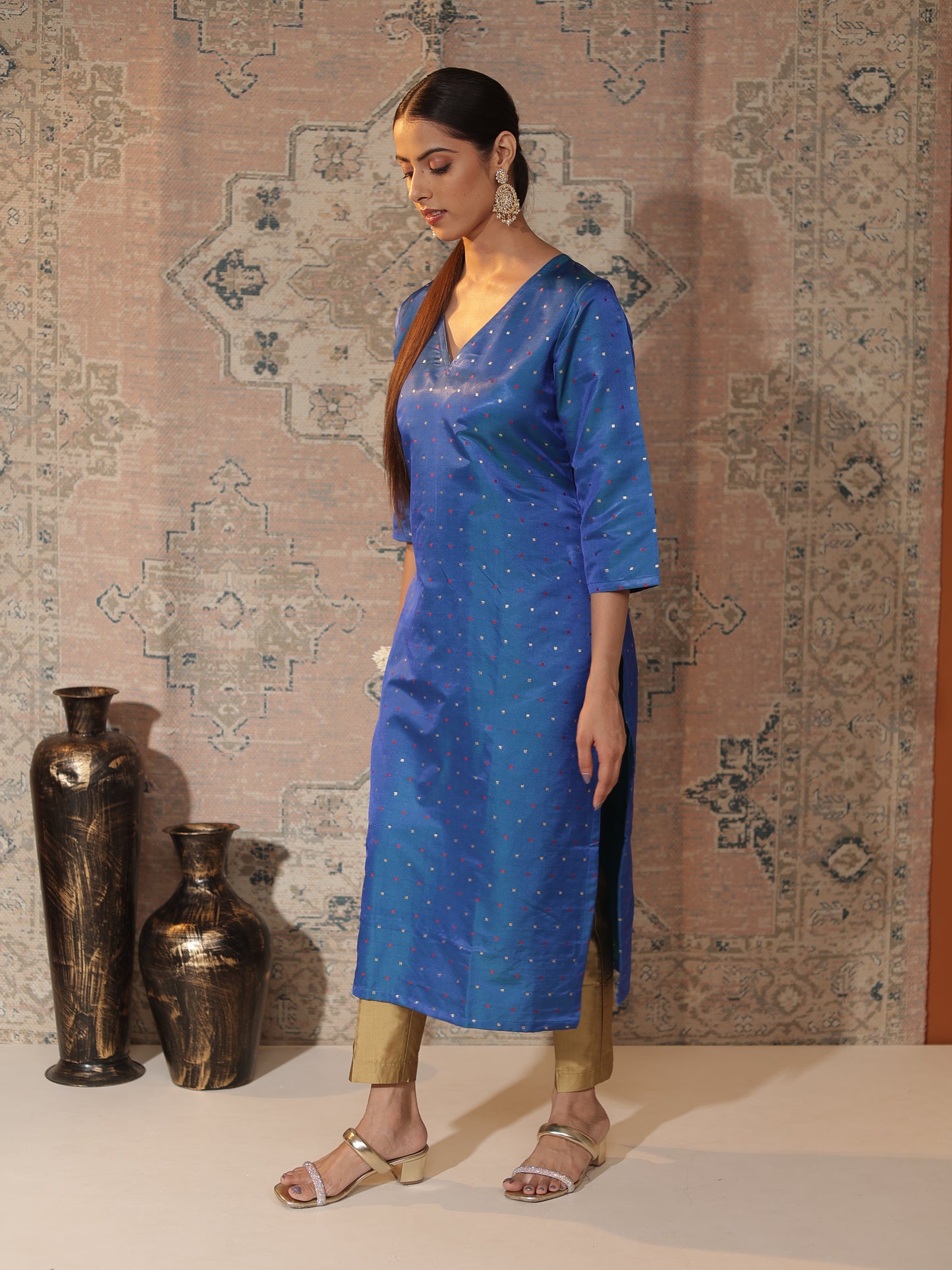 Midnight-Blue Satin-Silk Butti Work Straight Kurta for Women | V-Neck, 3/4-Sleeve Festive & Office Wear