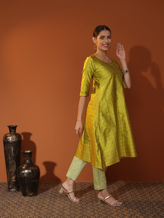 Green Satin-Silk A-Line Kurta & Pant Set for Women | Elegant Festive & Party Wear