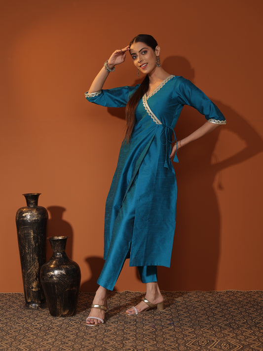 Teal Blue Raw Silk Angrakha Kurta & Cigarette-Pant Set with Silver Gota Patti Trim