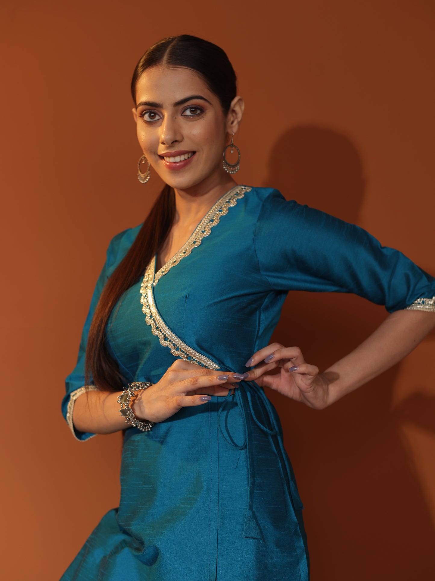 Teal Blue Raw Silk Angrakha Kurta & Cigarette-Pant Set with Silver Gota Patti Trim