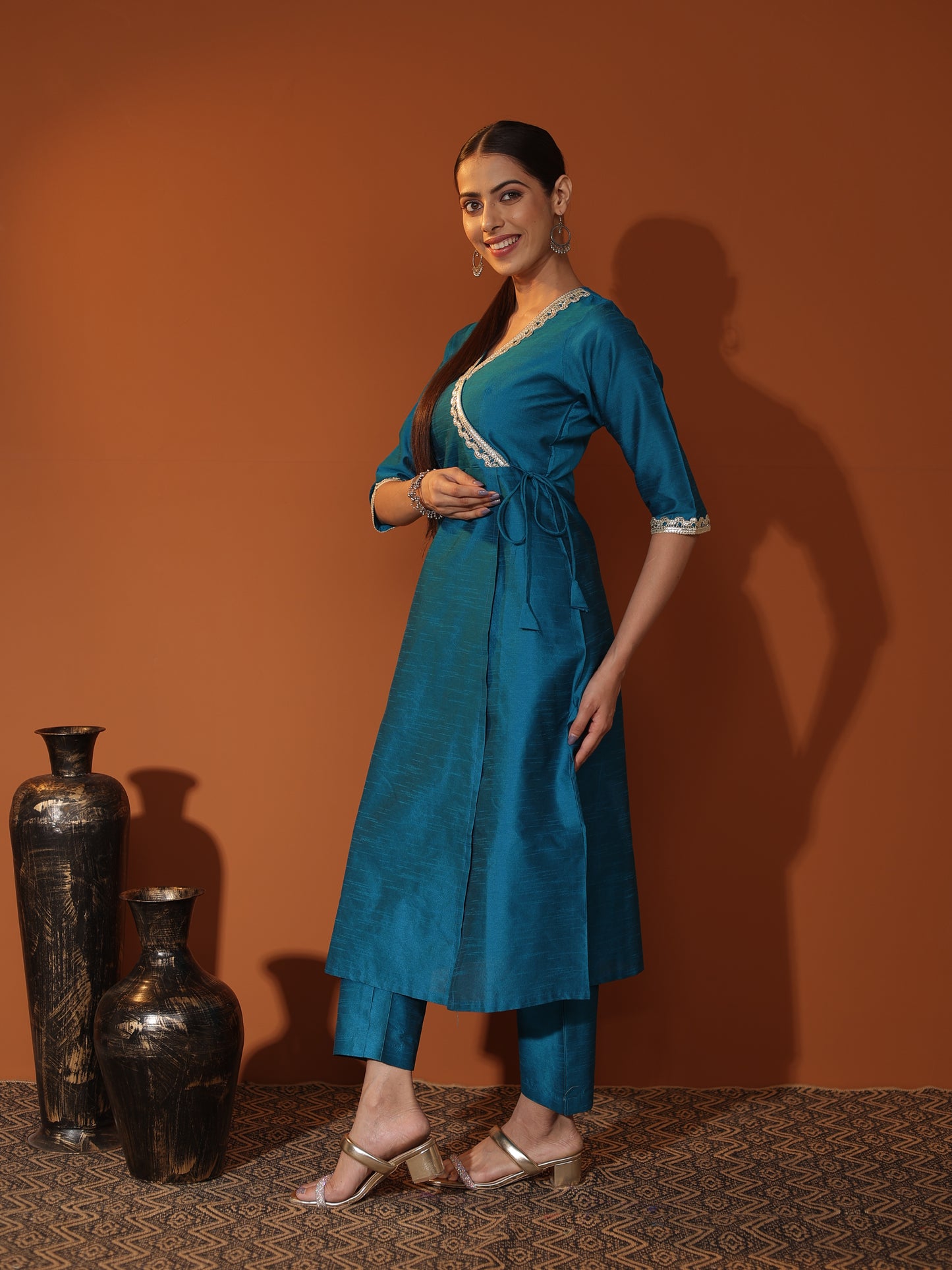 Teal Blue Raw Silk Angrakha Kurta & Cigarette-Pant Set with Silver Gota Patti Trim