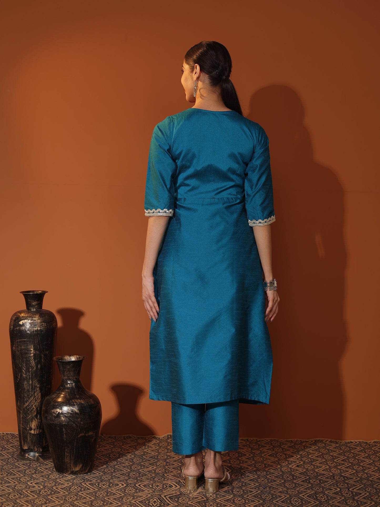 Teal Blue Raw Silk Angrakha Kurta & Cigarette-Pant Set with Silver Gota Patti Trim