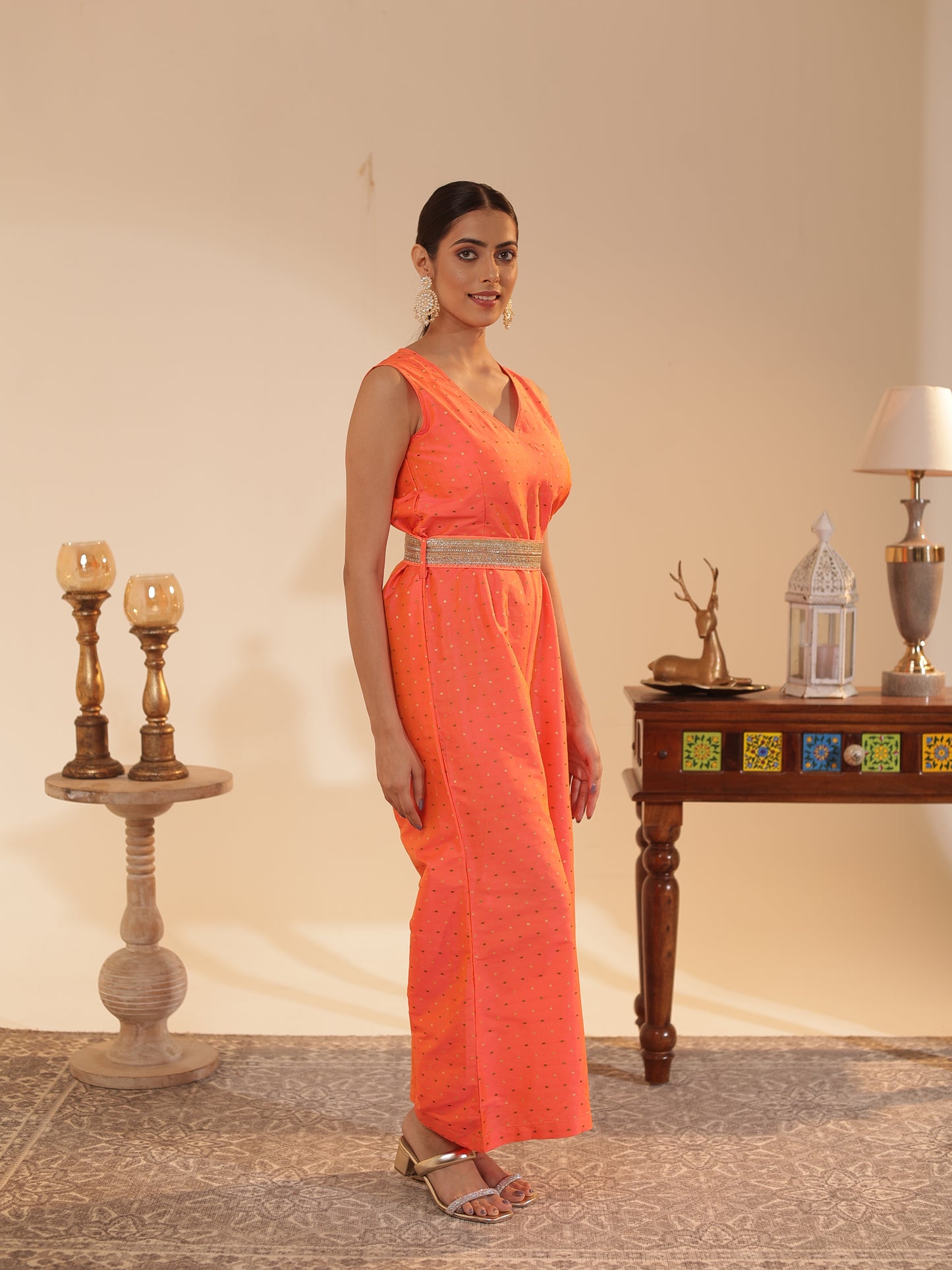 Peach-Orange Satin-Silk Butti Jumpsuit with Embellished Belt | Sleeveless V-Neck, Wide-Leg Festive & Wedding-Guest Wear