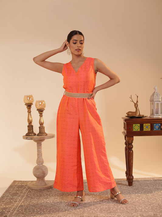 Peach-Orange Satin-Silk Butti Jumpsuit with Embellished Belt | Sleeveless V-Neck, Wide-Leg Festive & Wedding-Guest Wear