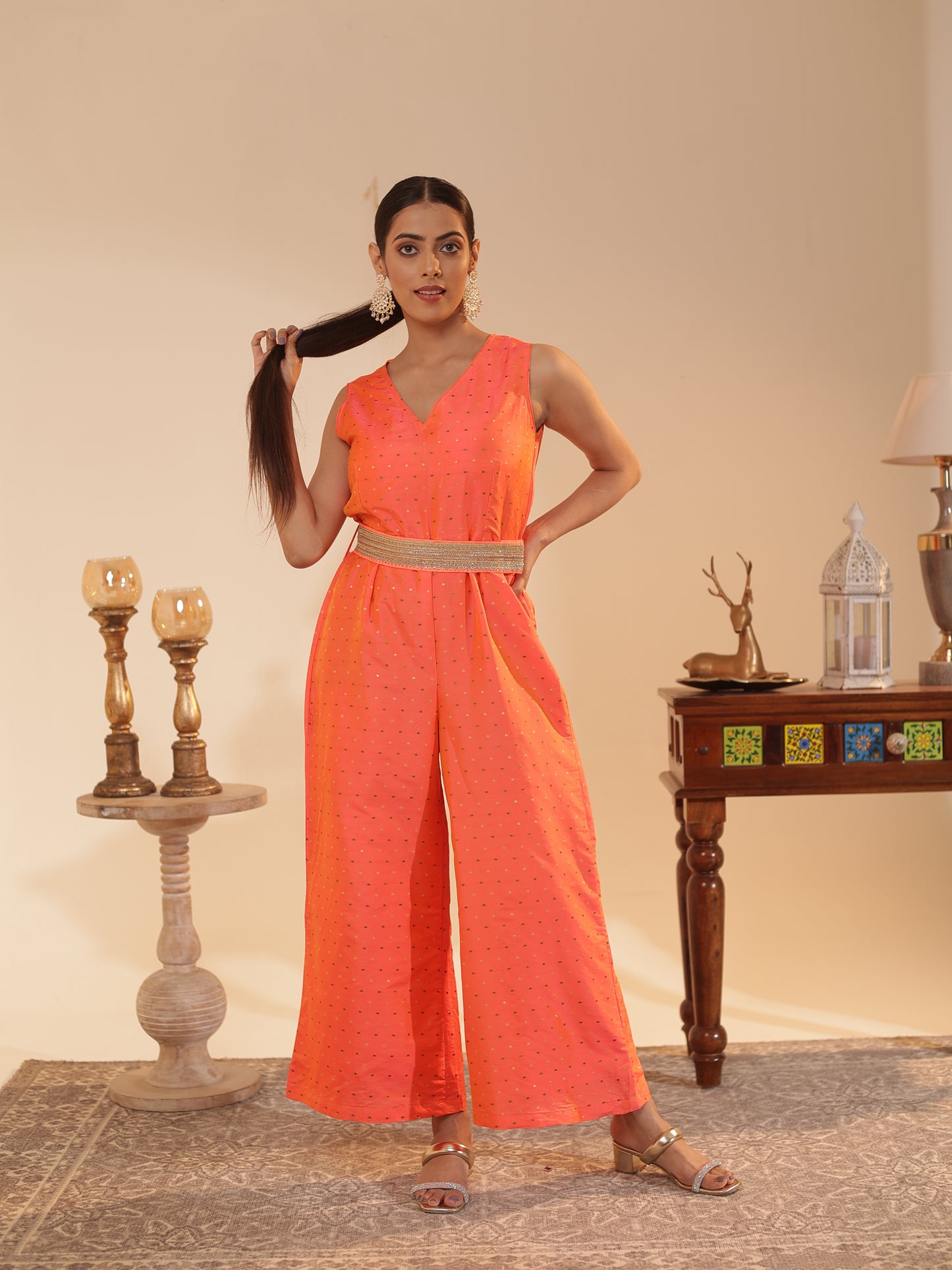 Peach-Orange Satin-Silk Butti Jumpsuit with Embellished Belt | Sleeveless V-Neck, Wide-Leg Festive & Wedding-Guest Wear