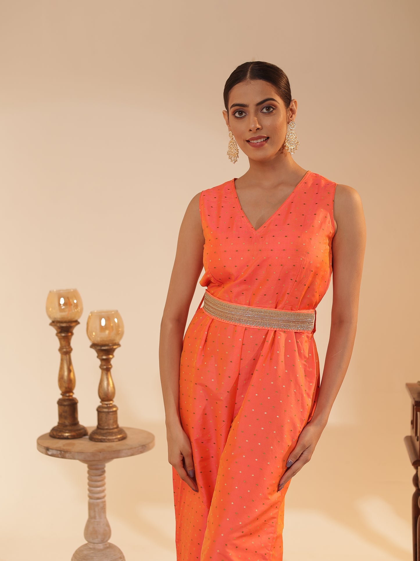 Peach-Orange Satin-Silk Butti Jumpsuit with Embellished Belt | Sleeveless V-Neck, Wide-Leg Festive & Wedding-Guest Wear
