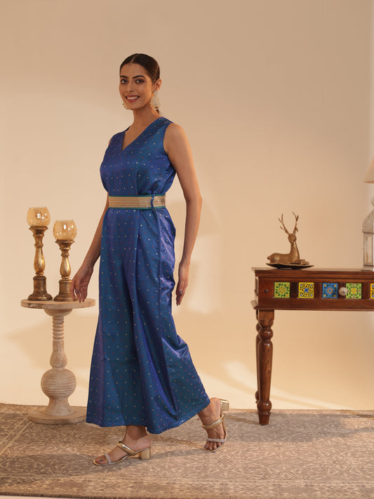 Azure Satin-Silk Butti Jumpsuit with Embellished Belt | Sleeveless V-Neck, Wide-Leg Festive & Wedding-Guest Wear