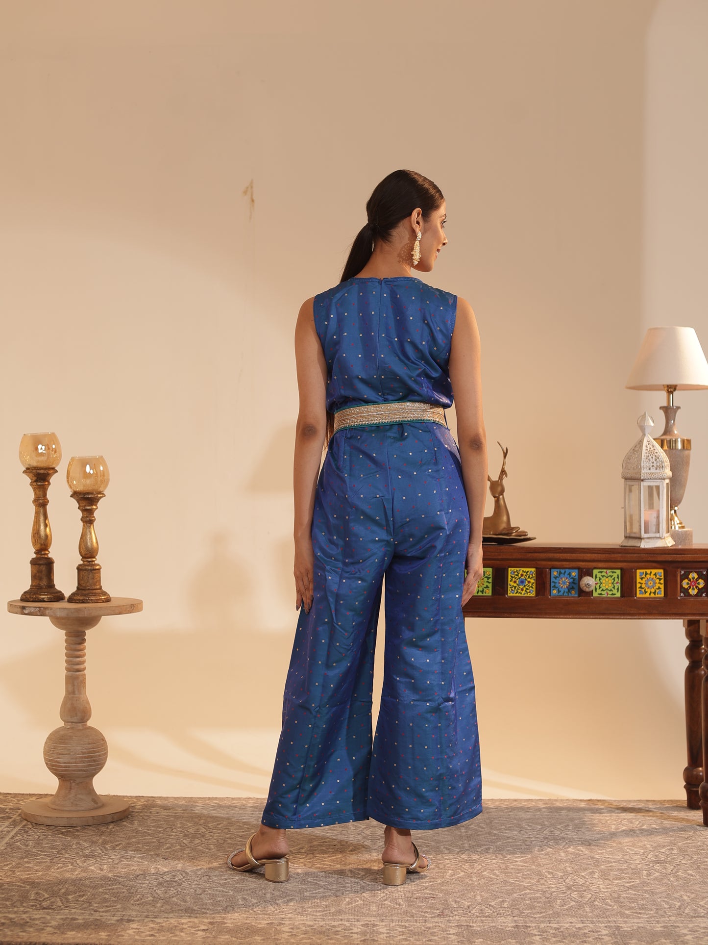 Azure Satin-Silk Butti Jumpsuit with Embellished Belt | Sleeveless V-Neck, Wide-Leg Festive & Wedding-Guest Wear