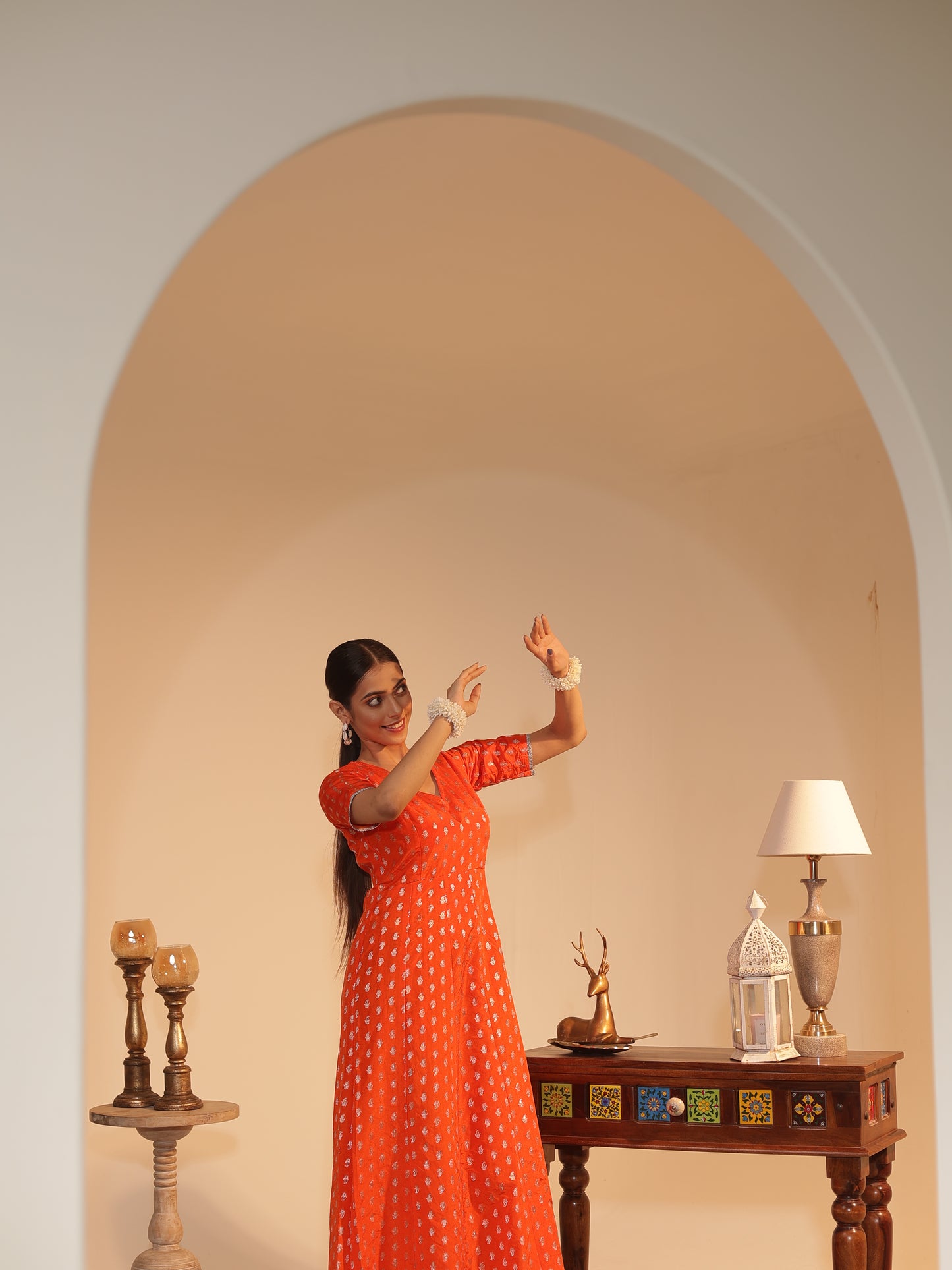 Vibrant Orange Silk-Georgette Anarkali Kurta | Silver Butti & Zari • Flared Fit, V-Neck, 3/4 Sleeve