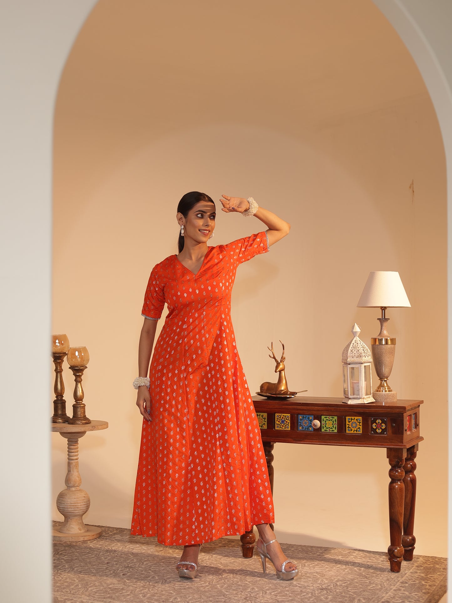 Vibrant Orange Silk-Georgette Anarkali Kurta | Silver Butti & Zari • Flared Fit, V-Neck, 3/4 Sleeve