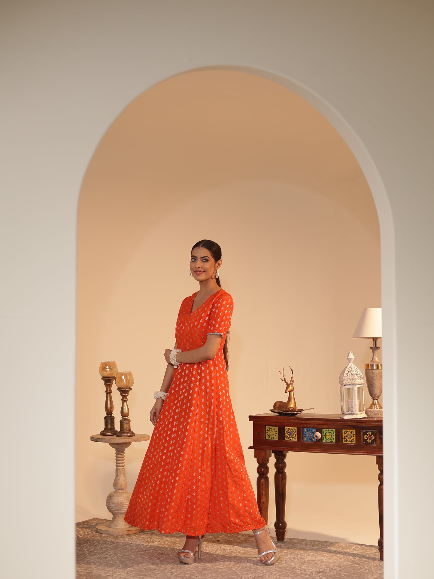 Vibrant Orange Silk-Georgette Anarkali Kurta | Silver Butti & Zari • Flared Fit, V-Neck, 3/4 Sleeve