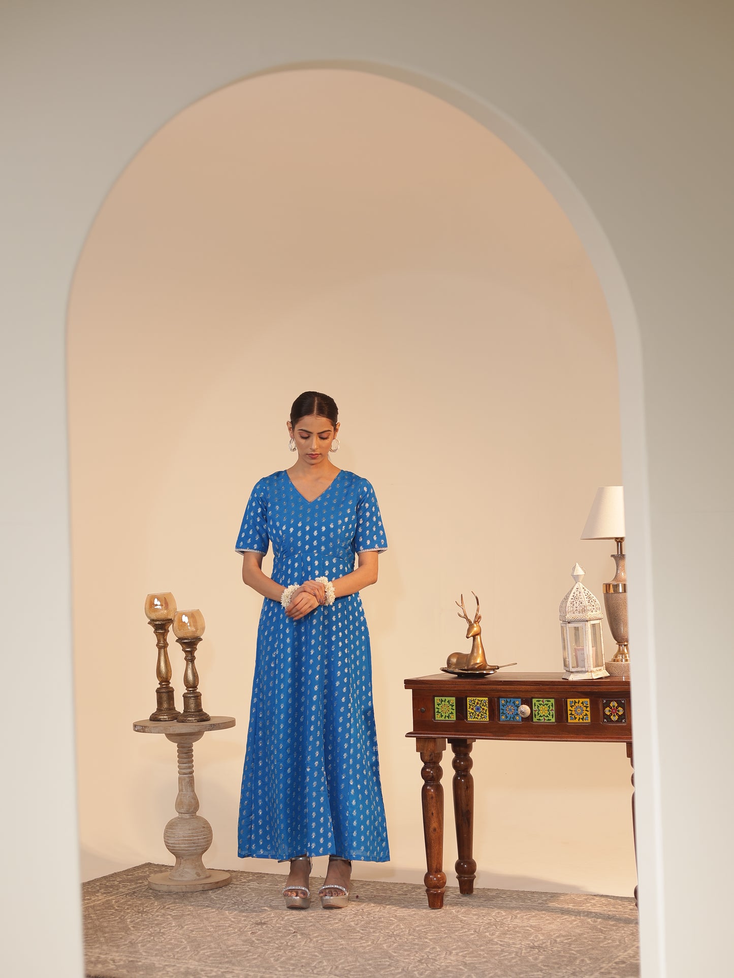 Azure Silk-Georgette Anarkali Kurta | Silver Butti & Zari • Flared Fit, V-Neck, Elbow Sleeve