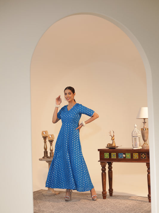 Azure Silk-Georgette Anarkali Kurta | Silver Butti & Zari • Flared Fit, V-Neck, Elbow Sleeve