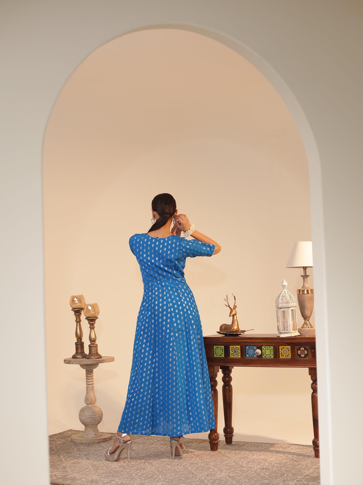 Azure Silk-Georgette Anarkali Kurta | Silver Butti & Zari • Flared Fit, V-Neck, Elbow Sleeve