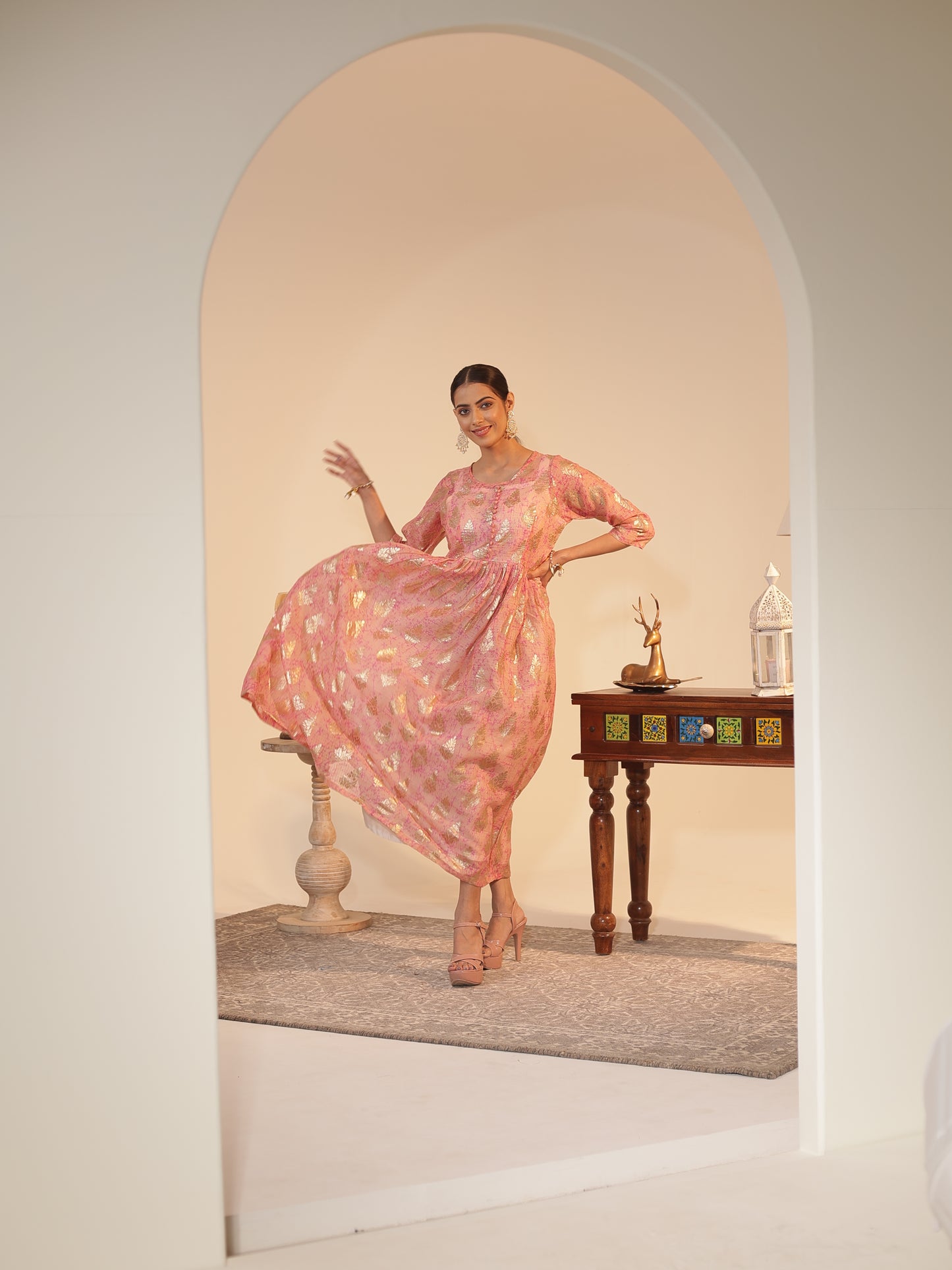 Peach Kota Doria Flared Kurta Dress with Silver-Zari Motifs & Satin Slip | U-Neck, 3/4-Sleeve, Ankle-Grazer