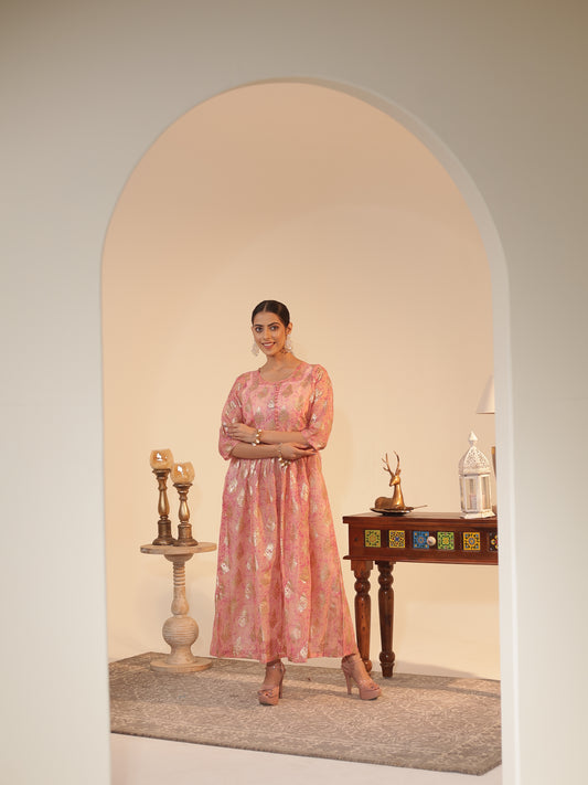 Peach Kota Doria Flared Kurta Dress with Silver-Zari Motifs & Satin Slip | U-Neck, 3/4-Sleeve, Ankle-Grazer