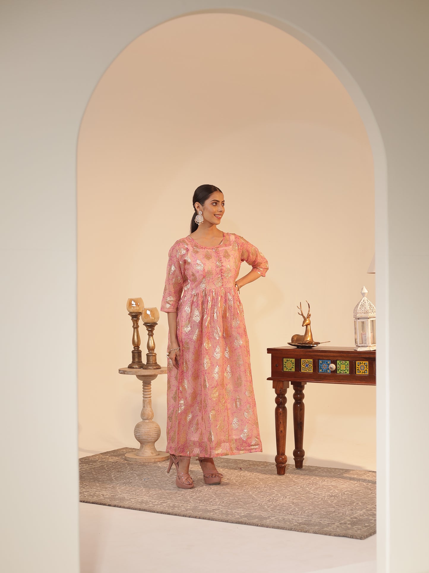 Peach Kota Doria Flared Kurta Dress with Silver-Zari Motifs & Satin Slip | U-Neck, 3/4-Sleeve, Ankle-Grazer