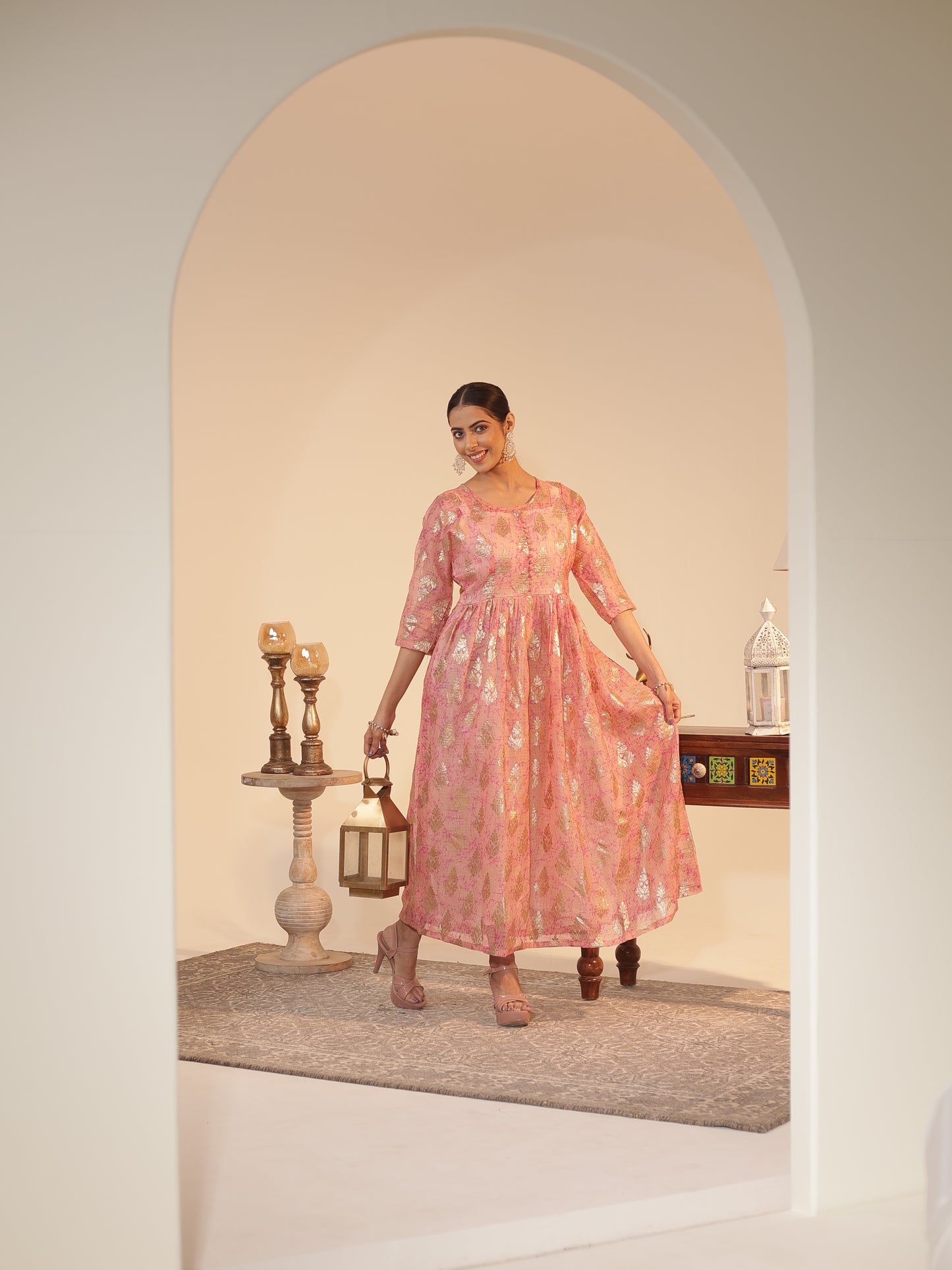 Peach Kota Doria Flared Kurta Dress with Silver-Zari Motifs & Satin Slip | U-Neck, 3/4-Sleeve, Ankle-Grazer