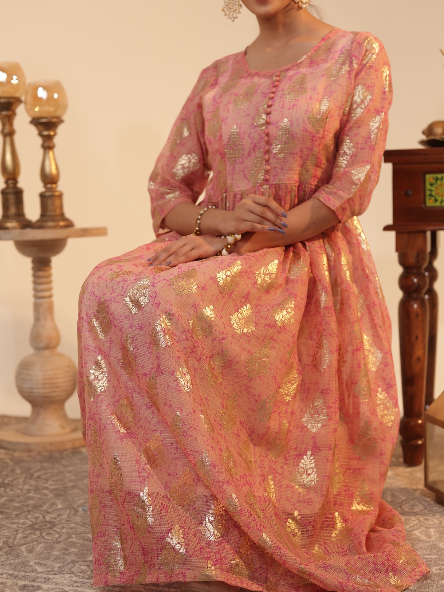 Peach Kota Doria Flared Kurta Dress with Silver-Zari Motifs & Satin Slip | U-Neck, 3/4-Sleeve, Ankle-Grazer