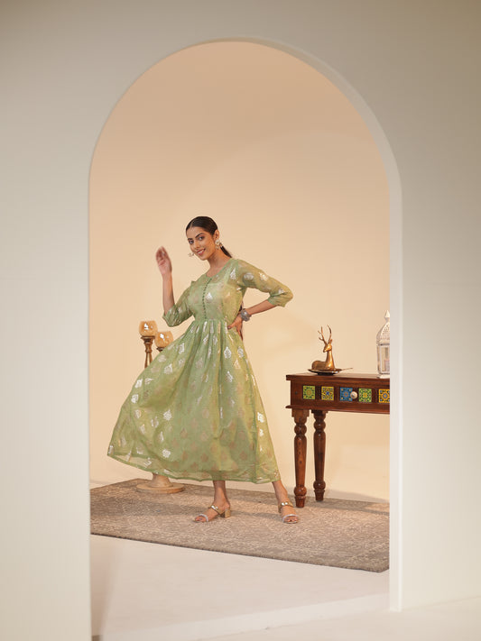 Mint-Green Kota Doria Flared Kurta Dress with Silver-Zari Motifs & Satin Slip | U-Neck, 3/4-Sleeve, Ankle-Grazer Length