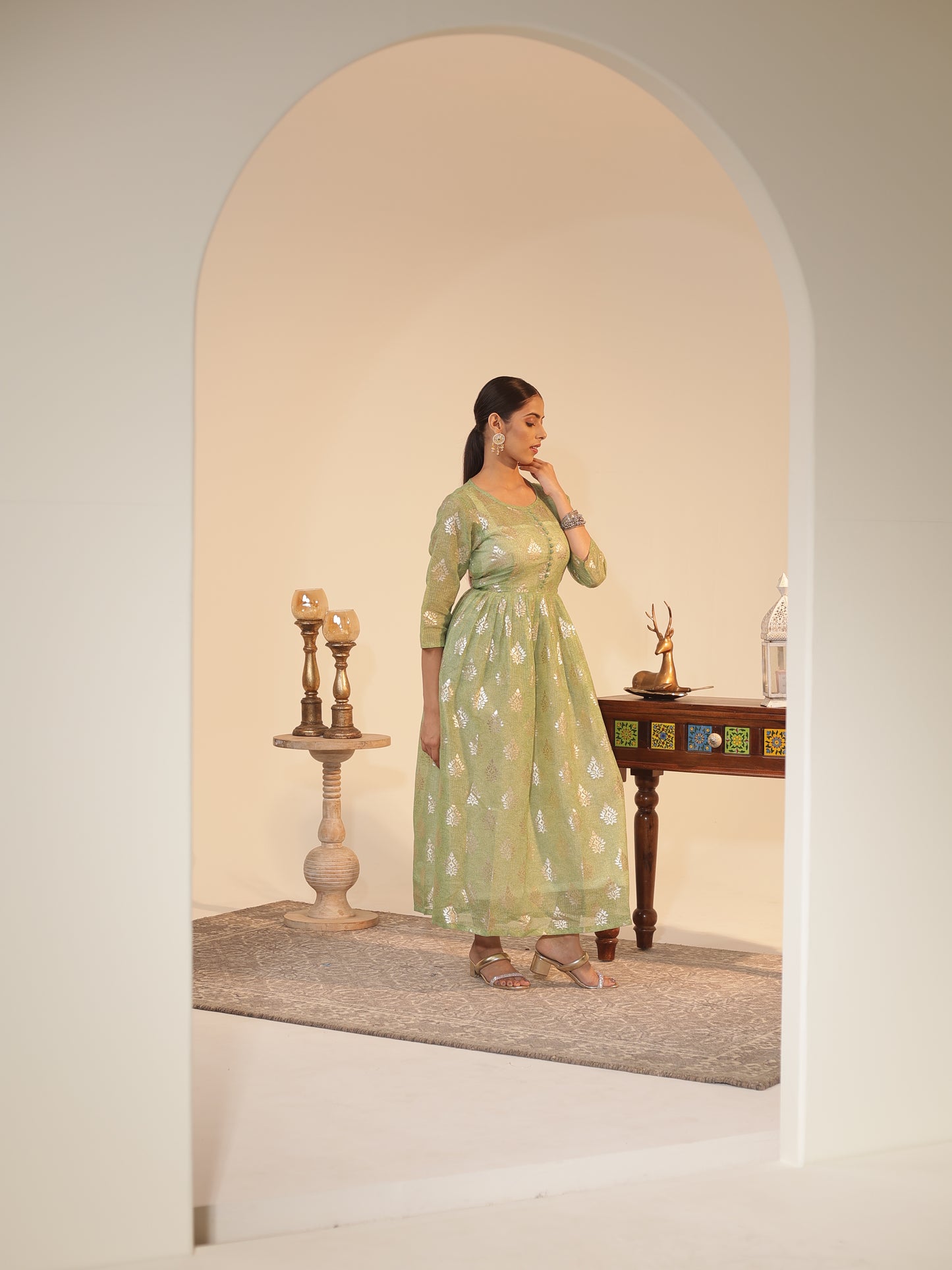 Mint-Green Kota Doria Flared Kurta Dress with Silver-Zari Motifs & Satin Slip | U-Neck, 3/4-Sleeve, Ankle-Grazer Length