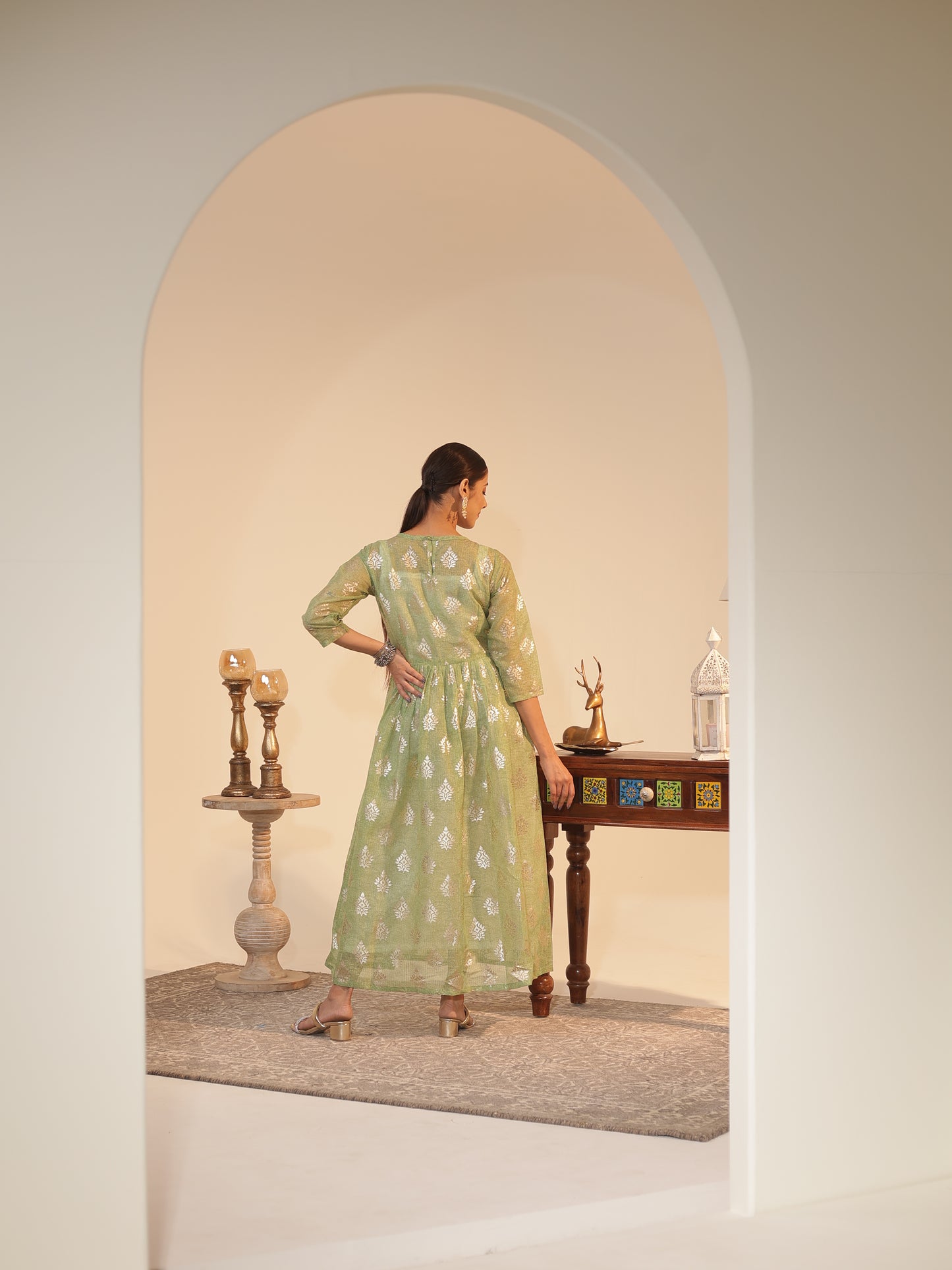Mint-Green Kota Doria Flared Kurta Dress with Silver-Zari Motifs & Satin Slip | U-Neck, 3/4-Sleeve, Ankle-Grazer Length