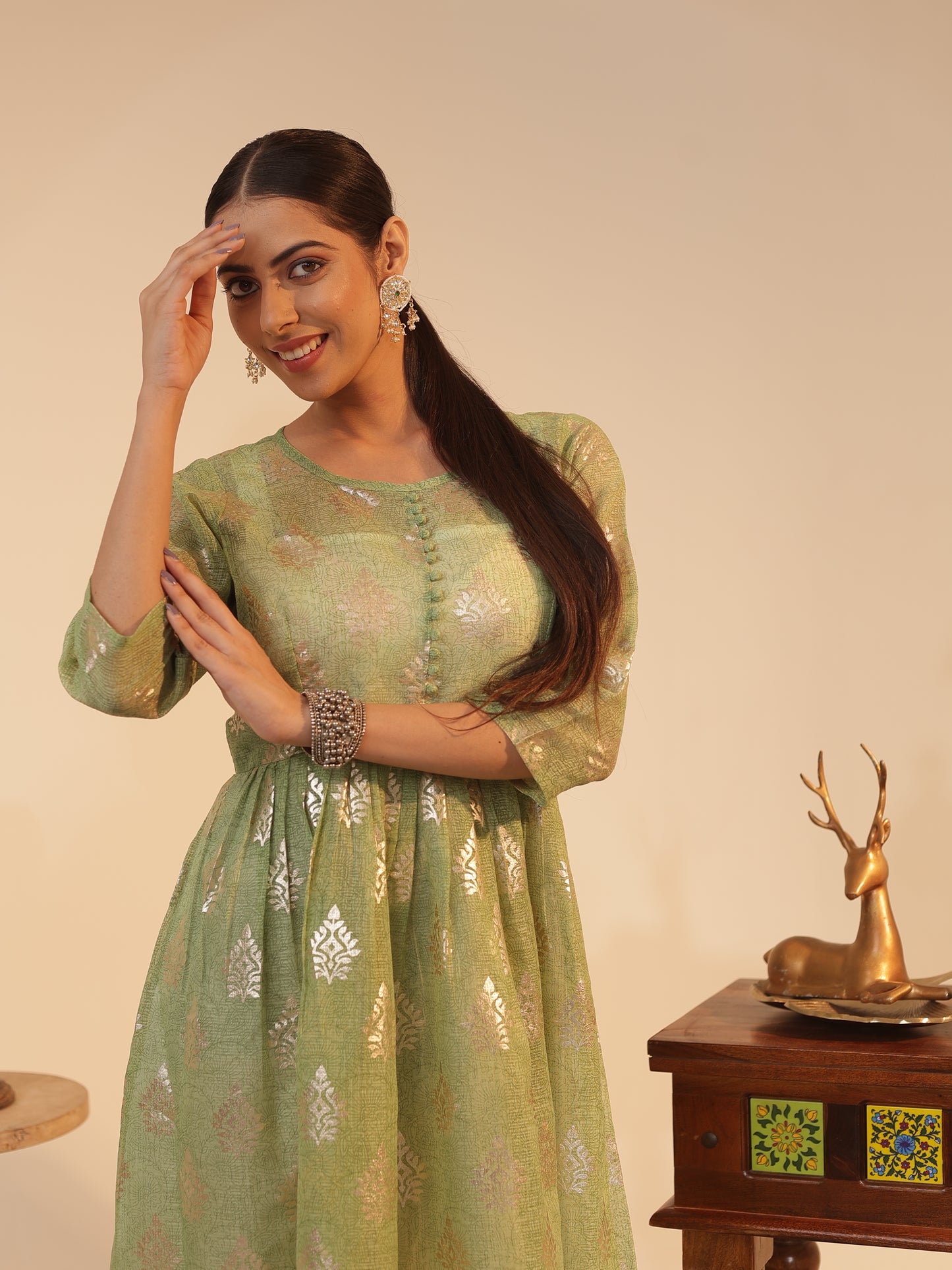 Mint-Green Kota Doria Flared Kurta Dress with Silver-Zari Motifs & Satin Slip | U-Neck, 3/4-Sleeve, Ankle-Grazer Length