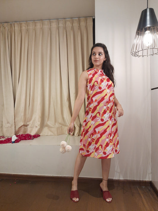 Abstract Floral Cotton Kurta with Bow-Tie Back & Pleated Neck | Kurta Only