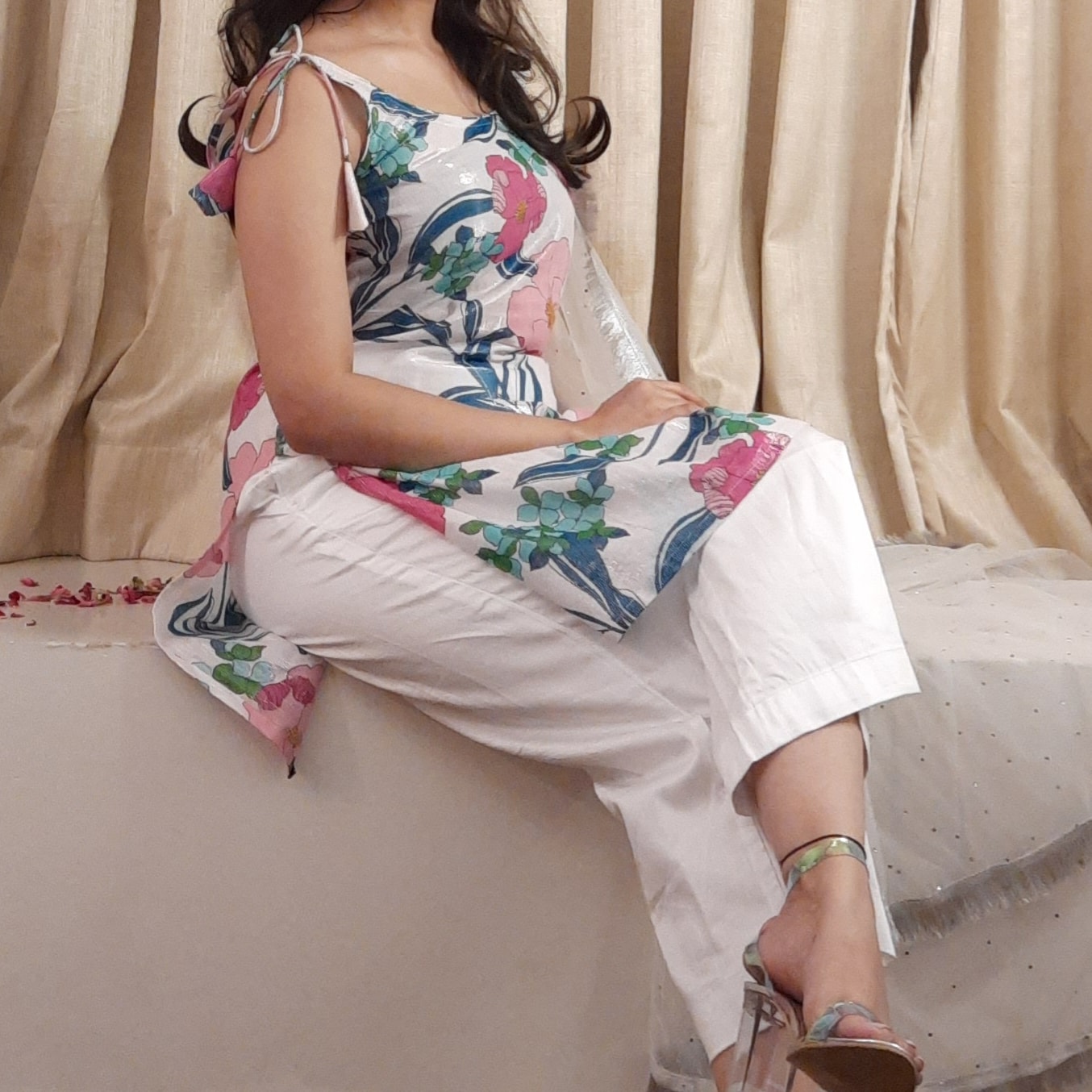 Floral Lurex Cotton Noodle-Strap Kurta for Women | Kurta Only