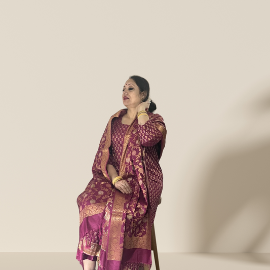 Deep Maroon Banarasi Silk Kurta Set with Dupatta for Women – Festive & Wedding Wear