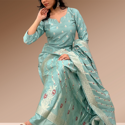 🌿 Sea Green Banarasi Kurta Set with Dupatta for Women