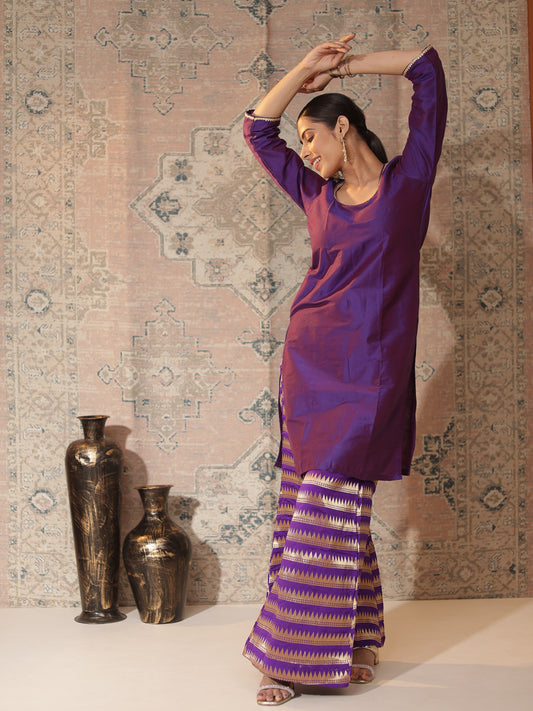 Dual-Shade Purple Cotton-Silk Kurta & Banarasi Chanderi Palazzo Set | Gota Patti Trim, Copper-Zari Pants
