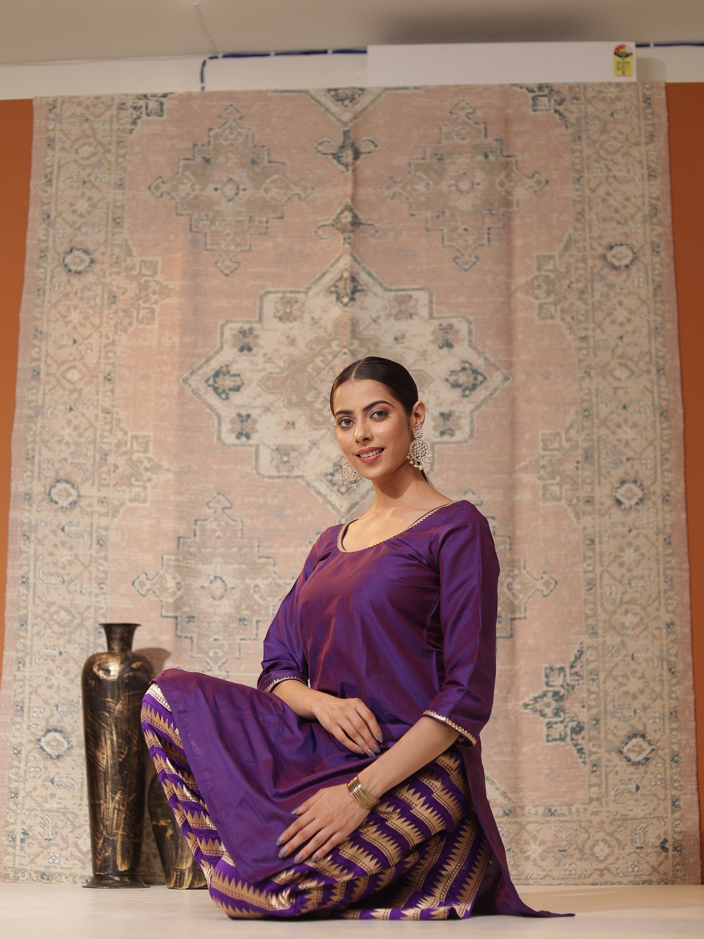 Dual-Shade Purple Cotton-Silk Kurta & Banarasi Chanderi Palazzo Set | Gota Patti Trim, Copper-Zari Pants