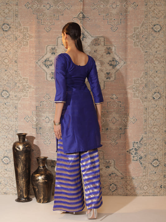 Royal-Blue Cotton-Silk Kurta & Banarasi Chanderi Palazzo Set | Copper-Zari Stripes + Gota Patti Trim