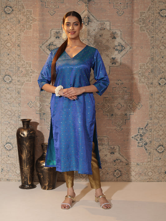 Midnight-Blue Satin-Silk Butti Work Straight Kurta for Women | V-Neck, 3/4-Sleeve Festive & Office Wear