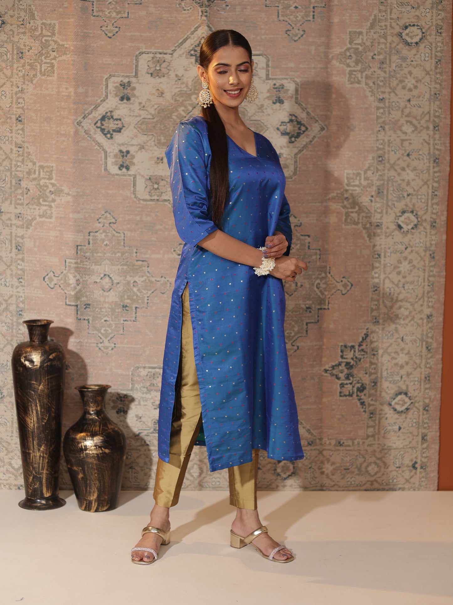 Midnight-Blue Satin-Silk Butti Work Straight Kurta for Women | V-Neck, 3/4-Sleeve Festive & Office Wear