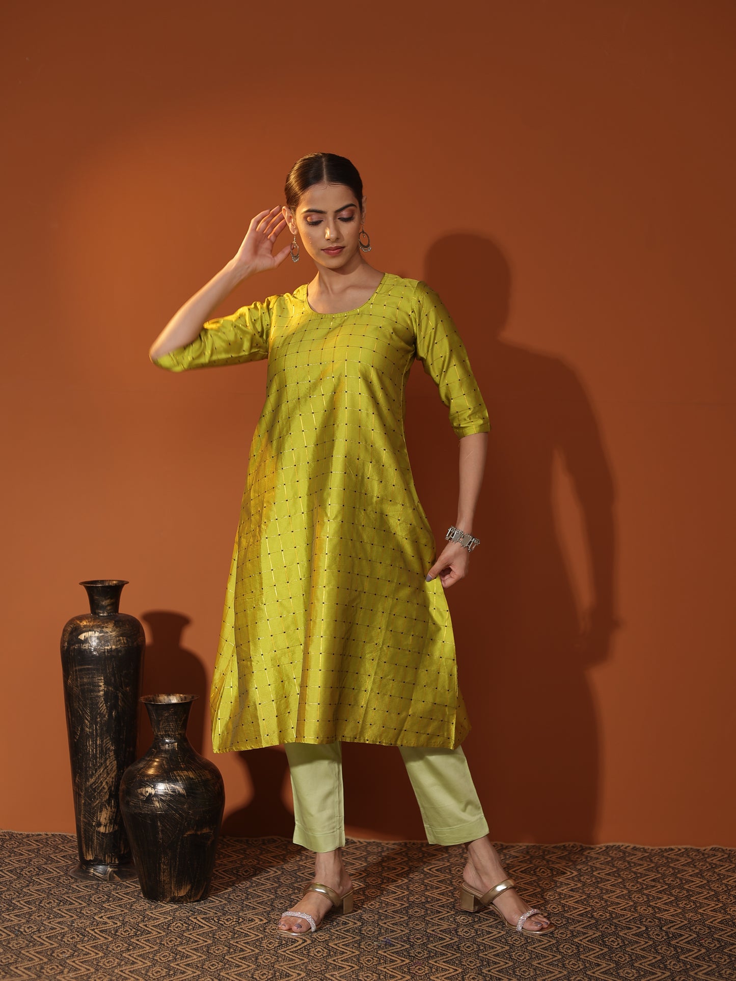 Green Satin-Silk A-Line Kurta & Pant Set for Women | Elegant Festive & Party Wear