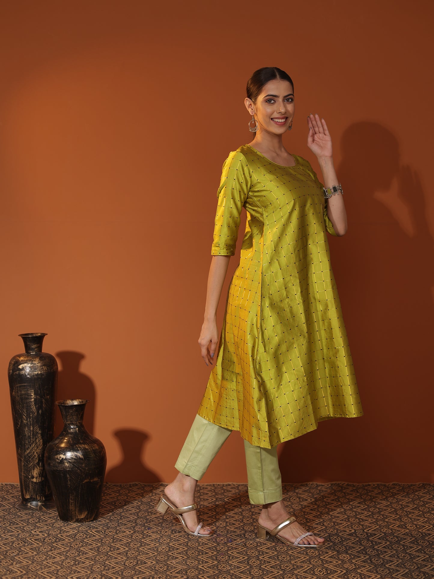 Green Satin-Silk A-Line Kurta & Pant Set for Women | Elegant Festive & Party Wear