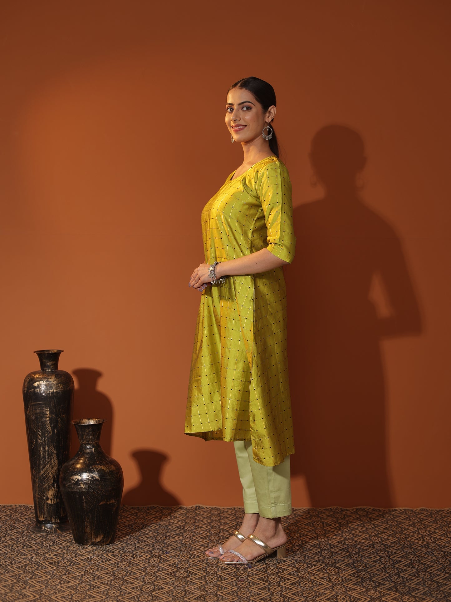 Green Satin-Silk A-Line Kurta & Pant Set for Women | Elegant Festive & Party Wear