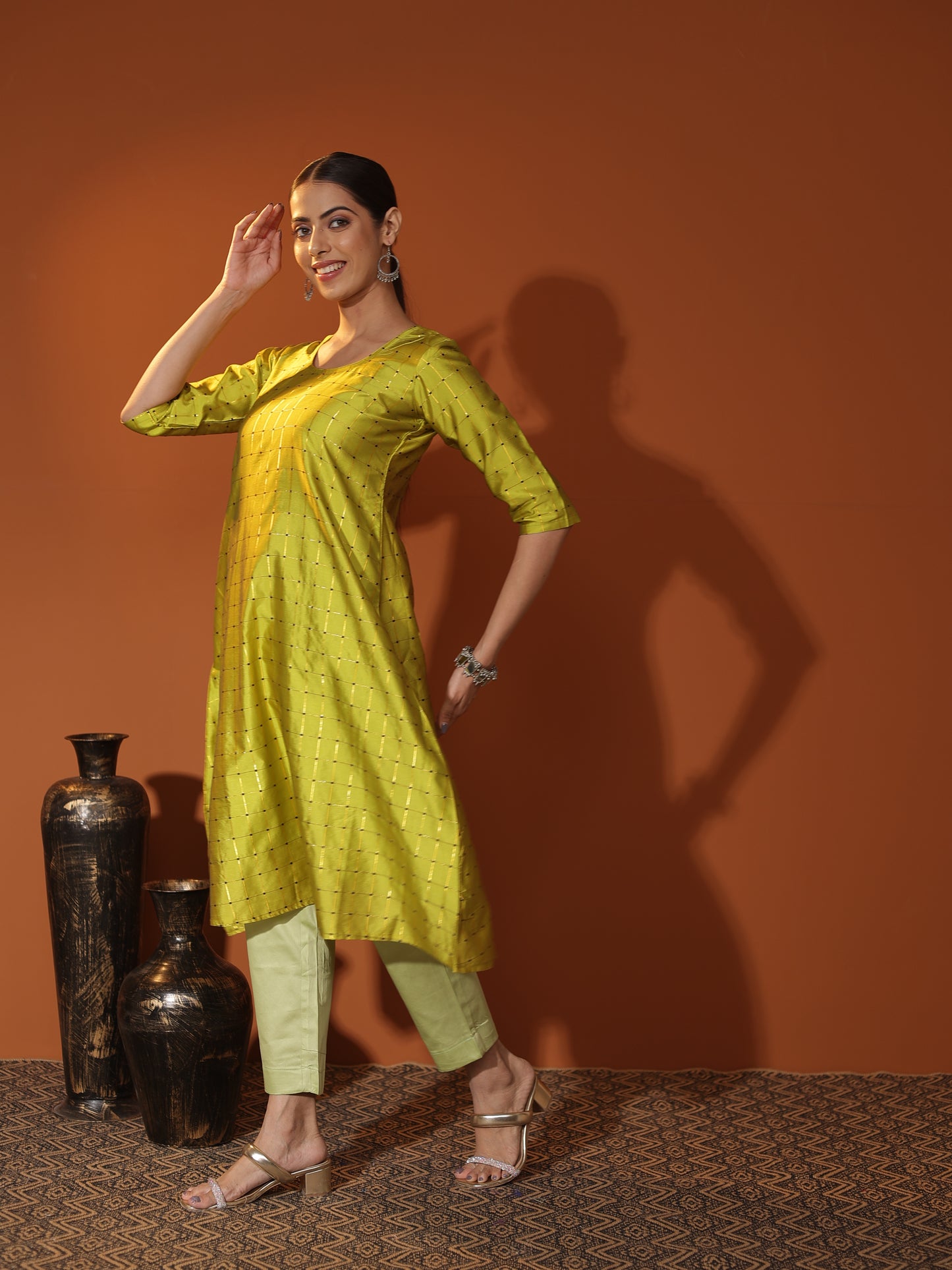 Green Satin-Silk A-Line Kurta & Pant Set for Women | Elegant Festive & Party Wear